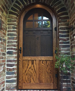 Model A128 Arch Top Wood Screen Door with Custom Flat Panels (instead of Raised Panels) in Oak Wood. Arch Top Round top Wood Screen Door.