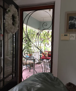 Model 3600 Full View Wood Screen Door with Custom Wrought Iron Insert